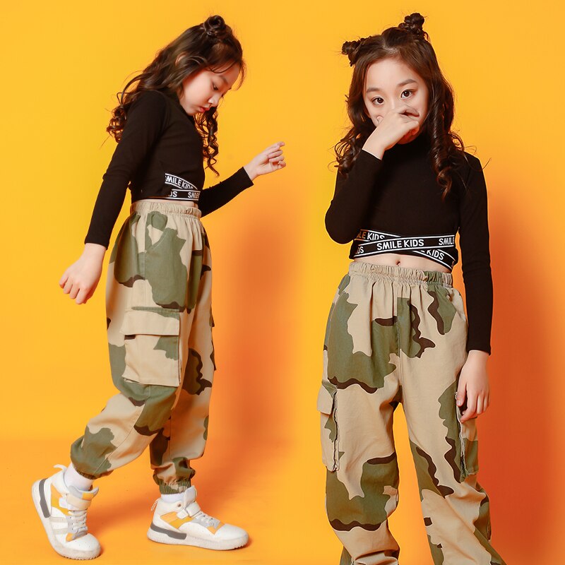 Kids Hip Hop outfits Black Swearshirt Camouflage Pants dancing clothing Girls carnival Jazz Dance Costume Clothes Stage Wear