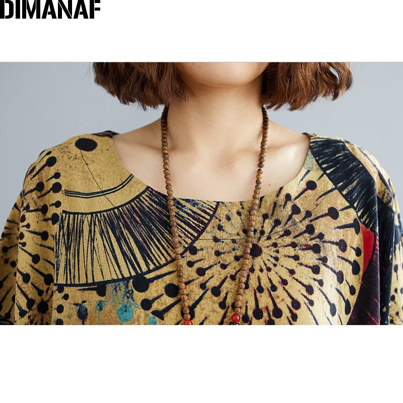 DIMANAF-Vestido largo holgado de talla grande para mujer, ropa de playa de verano, Lino estampado, talla grande 5XL y 6XL