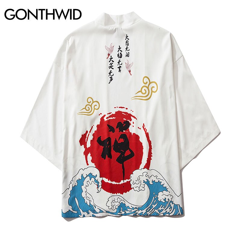 Gonthwid Chinese Karakter Zen Print Japanse Front Open Kimono Vest Shirts Mannen Harajuku Casual Streetwear Jassen Jas Tops