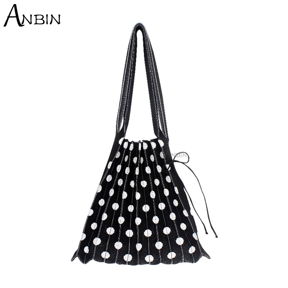 Vrouwen Polka Dot Geplooide Zak Gevouwen Contrast Kleur Wollen Gebreide Vrouwelijke Mode Schouder Handtas Orgel Grote Capaciteit Shopping Tote: 2