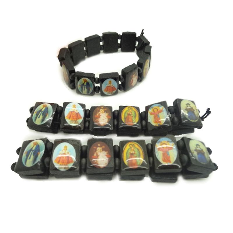 4Pc Katholieke Sieraden Christian Levert Houten Icoon Elastische Bead Armband E7CB