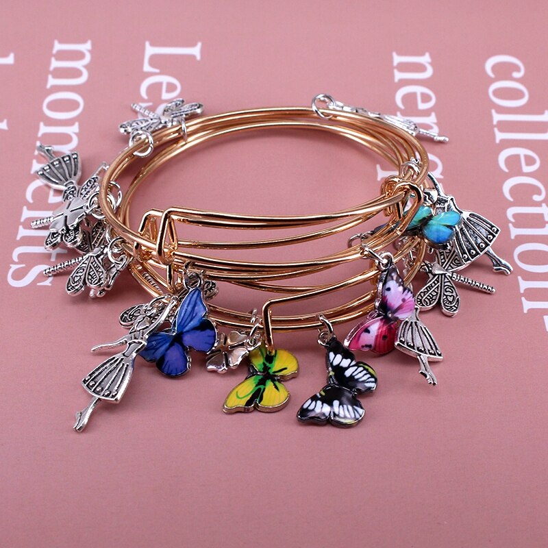 5Pcs Bangle Set Draad Armbanden Voor Vrouwen Meisjes Juwellen Vlinder Dragonfly Boog Bedels Armbanden Manchet Jewlery C044: E38 KC Gold Plated