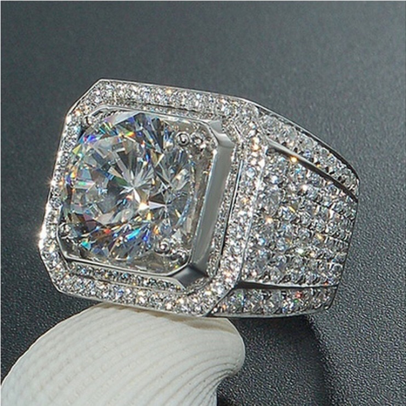 Luksus fuld mikro bane rhinestone iset ud bling hvidguld farve ring crystal rock ringe til mænd smykker