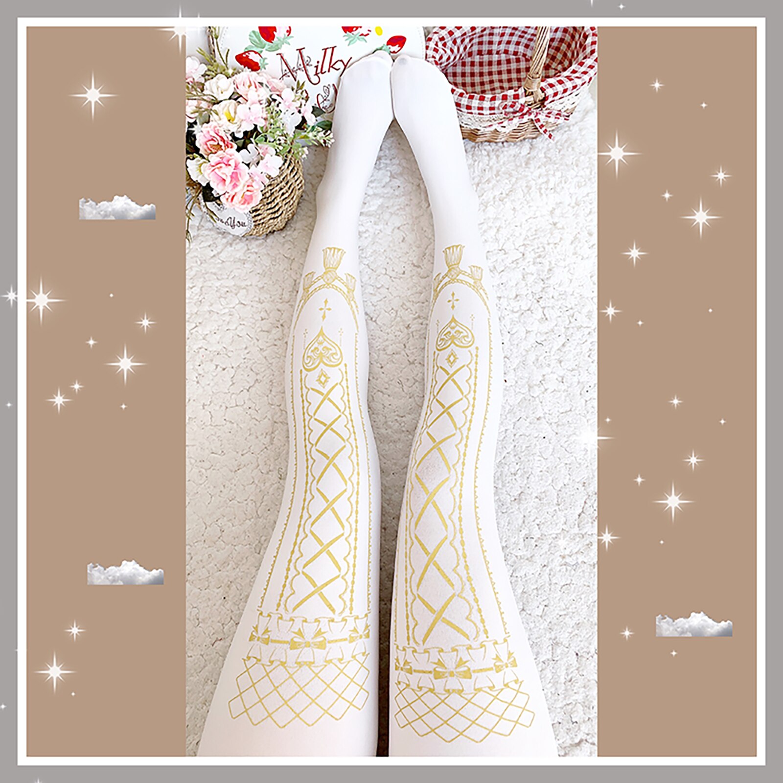 Interlaced gordijn Lolita Vrouwelijke Herfst Zoete print Fluwelen 120D Panty stamping Kawaii Lolita Japanse Panty Cosplay