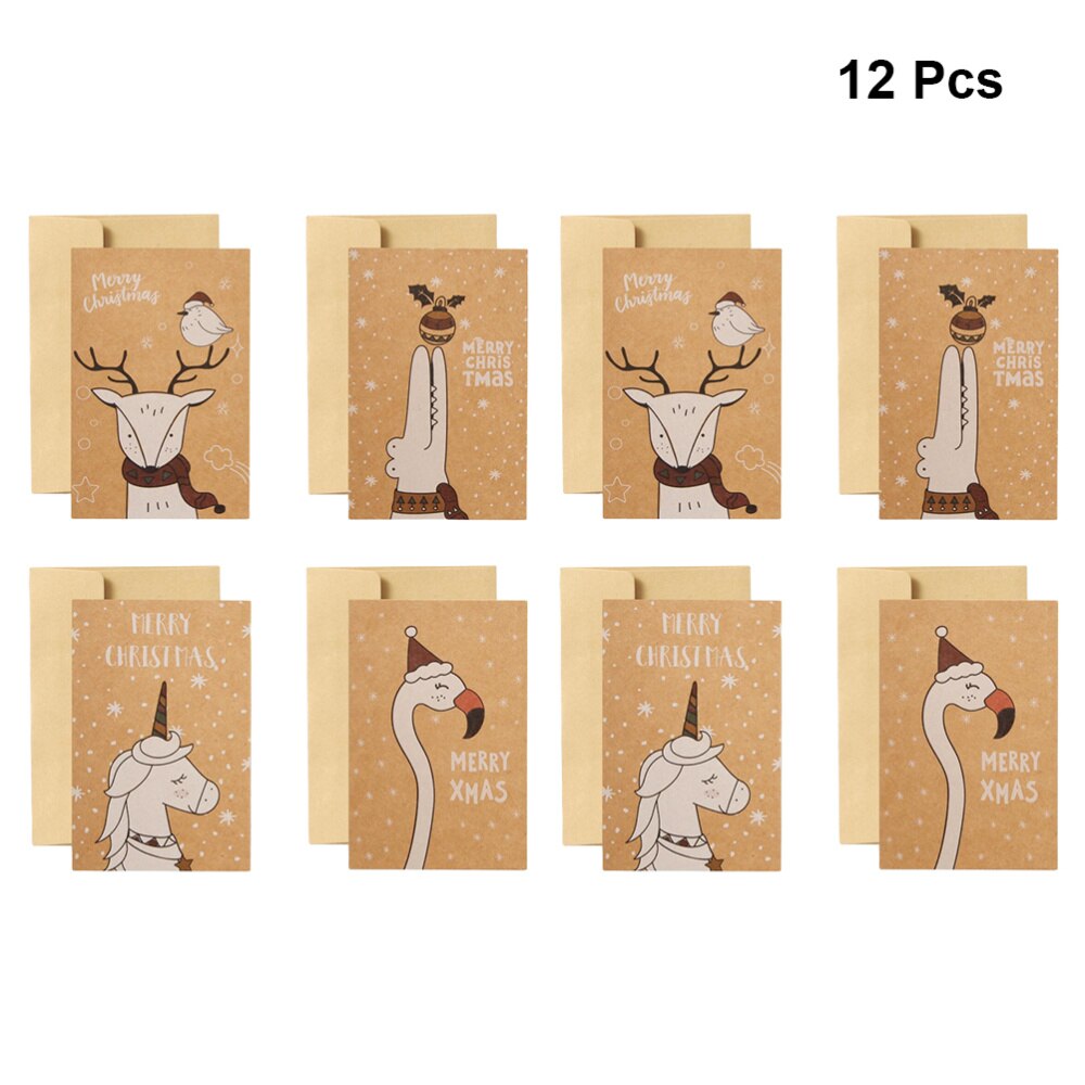 12 stk tegneserie velsignelseskort kraftpapir lykønskningskort juleønskekort med envolope (enhjørning elg flamingo krokodille patte