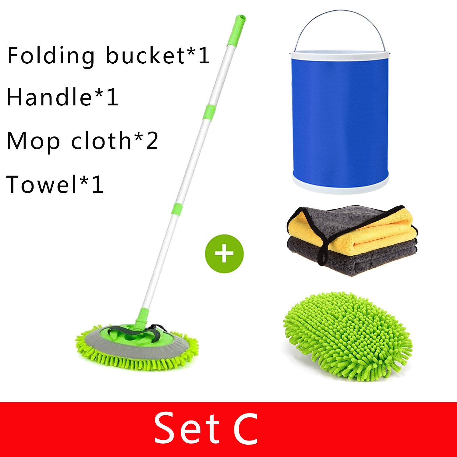 Balai télescopique pour lavage de voiture, 9l, avec seau pliable, détachable, double usage, Chenille, serviette de nettoyage, accessoires automobiles: Set C