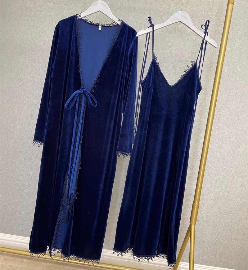 Conjunto de Bata larga de terciopelo para mujer, ropa de dormir suelta, Kimono, bata de baño con cinturón Sexy, lencería íntima para estar en casa, 2 piezas