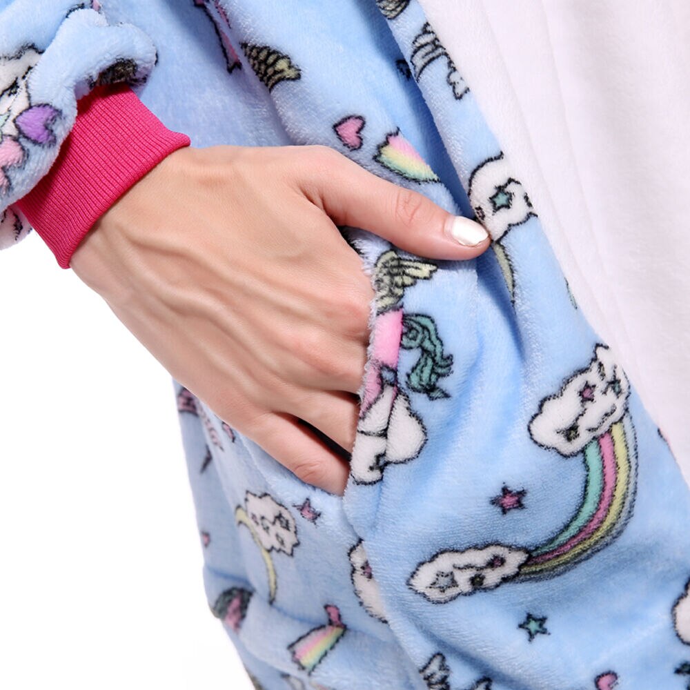 Botón azul unicornio Pegasus disfraz de pijama mono con capucha niños mono niños Kigurumi de las mujeres ropa de dormir Pijamas