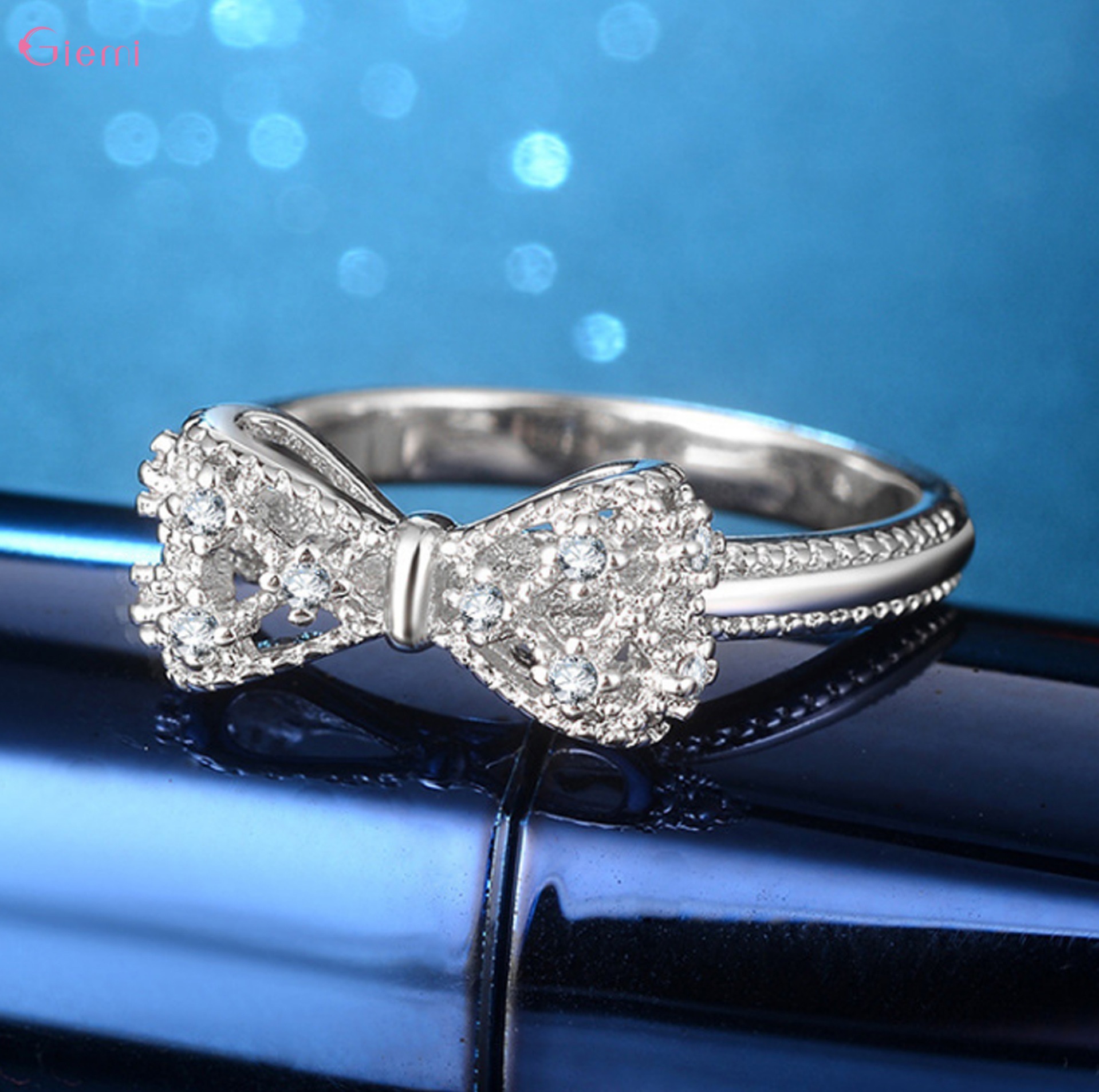 Anelli con strass in zirconi cubici con fiocco in argento sterling 925 per le donne Gioielli di fidanzamento di nozze alla moda