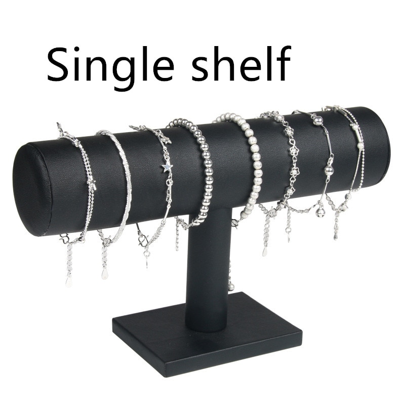 1pcs Vintage PU Leather / Velvet Bracelet Chain Watch T-Bar Rack Jewelry Organizer Hard Display Stand Holder: PU-Black