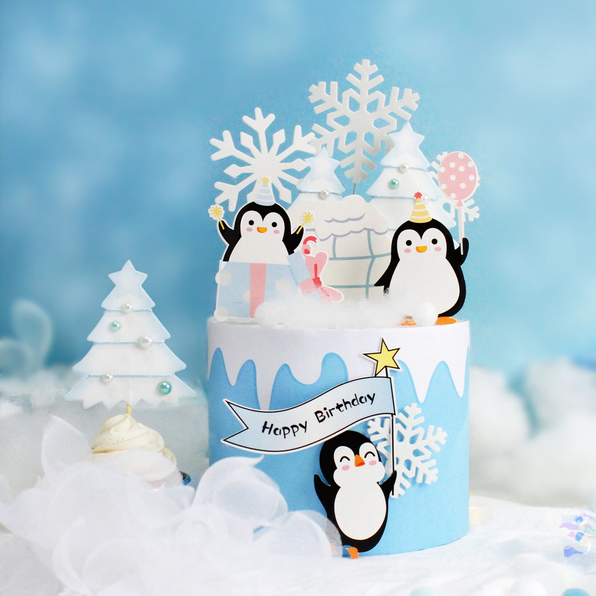 Garniture de gâteau d&#39;anniversaire, chapeau de pingouin, flocon de neige, garniture de Cupcake, drapeau de fête, décoration de gâteau de noël