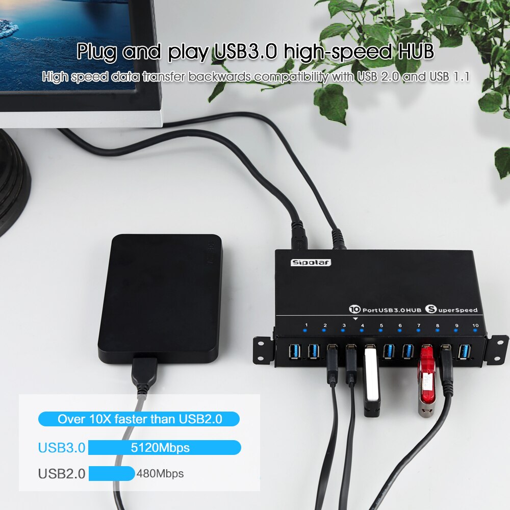 Sipolar Industrial 10 Port USB 3.0 Data And Charger Mountable Rugged USB Hub with Wall Mountable For assembly Lines Server Rack