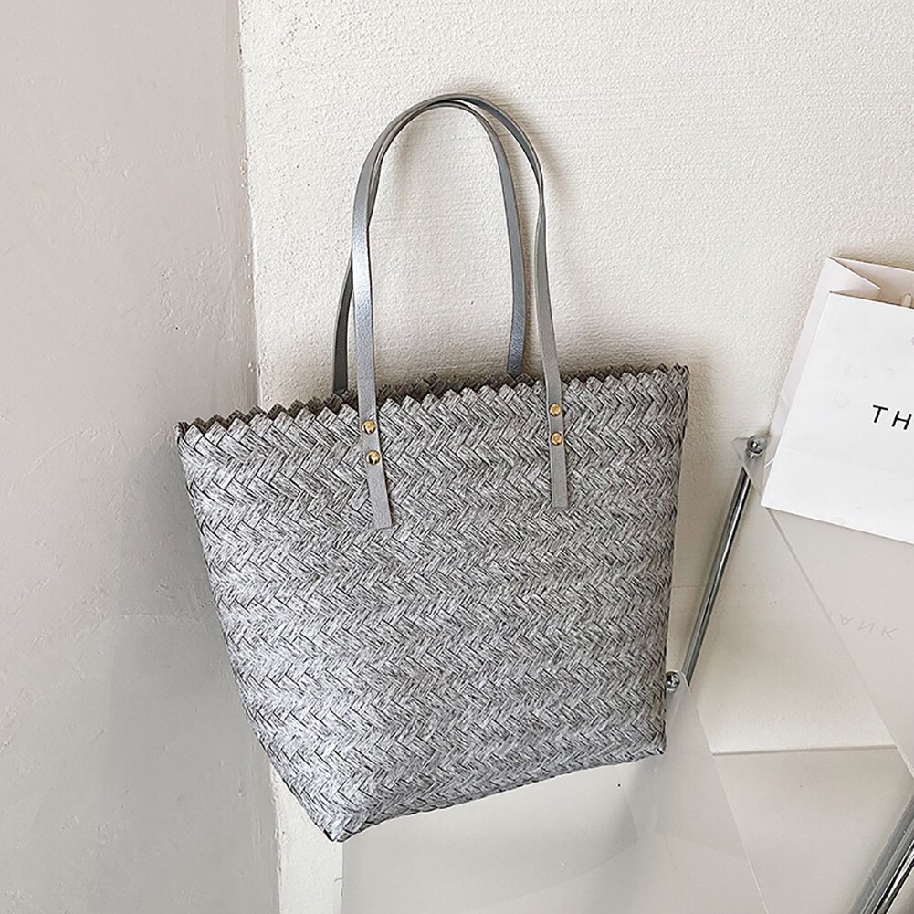 Handgeweven handtassen voor een zomerse strandvakantie, casual rieten schoudertassen voor dames, grote handgemaakte rotan draagtassen, boodschappentassen: Grijs
