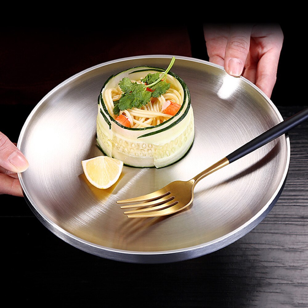 Korean Style Dinner Plates Double-Walled Insulated Dining Plate Serving Dish Round Plate Cake Tray Steak Tray Kitchen Plate