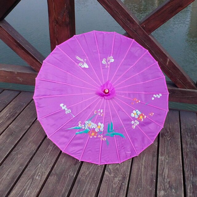 Paraguas de arte chino con de flores pintadas a mano, sombrilla de seda con marco de bambú para novia y dama de honor, 12 colores, , 5 unids/lote: Morado