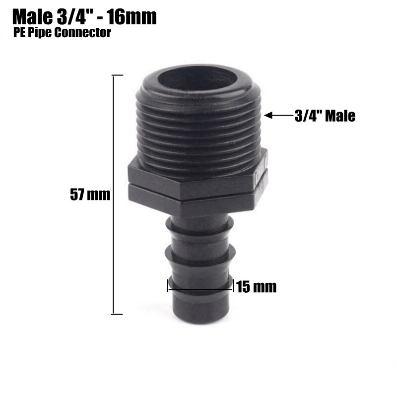 5 st 1/2 " 3/4 " hangänga pe-röranslutningar bevattningsslanganslutningar bevattningsrör gängad rak anslutningsadapter: Hane 3 l 4 tum -16mm