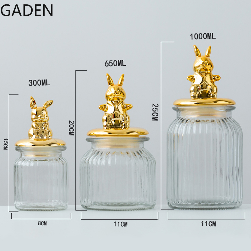 Transparent Glass Storage Jar Golden Ceramic Lid Cute Snack Tea Storage Food Grade Candy Jar Kitchen Storage Supplies
