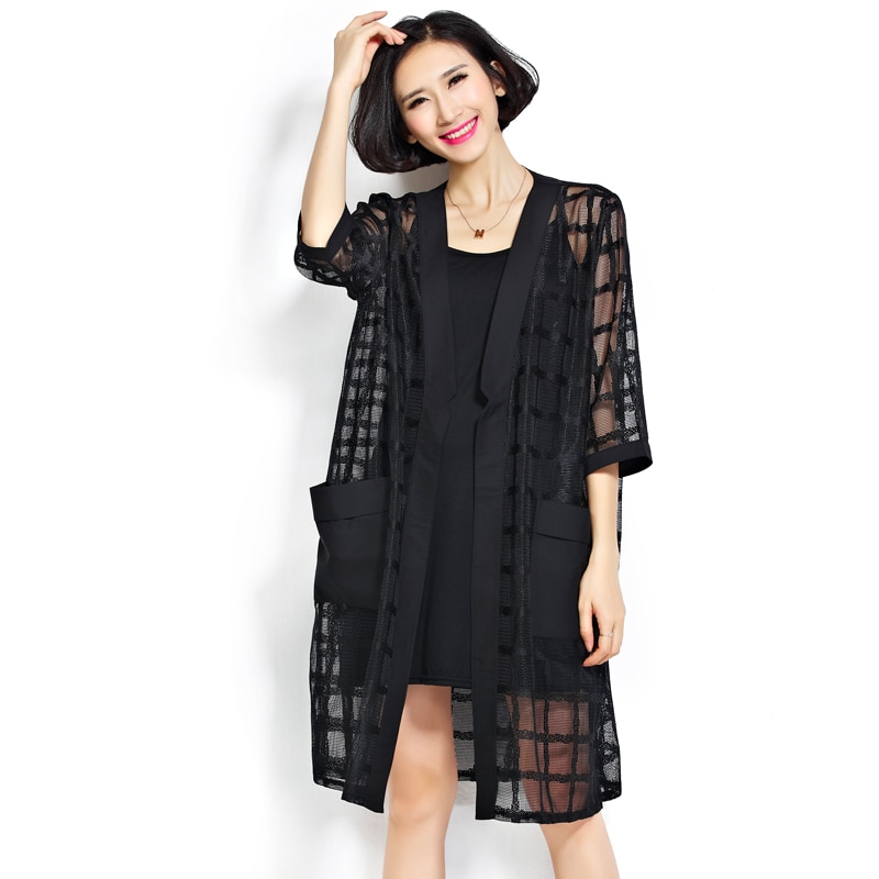 Plus Size Chiffon Coat Summer Style Women Clothing Black Plaid Perspecti Loose Half Sleeve Lady Long Mesh Cardigan