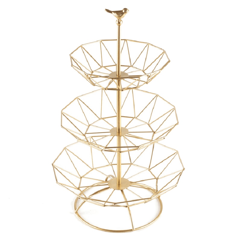 Moderne gelaagde fruitschaal voor aanrecht, 3-laags fruitkom multi-tier draad groente fruitmand organizer houder voor keuken woonkamer, zwart/goud, goud