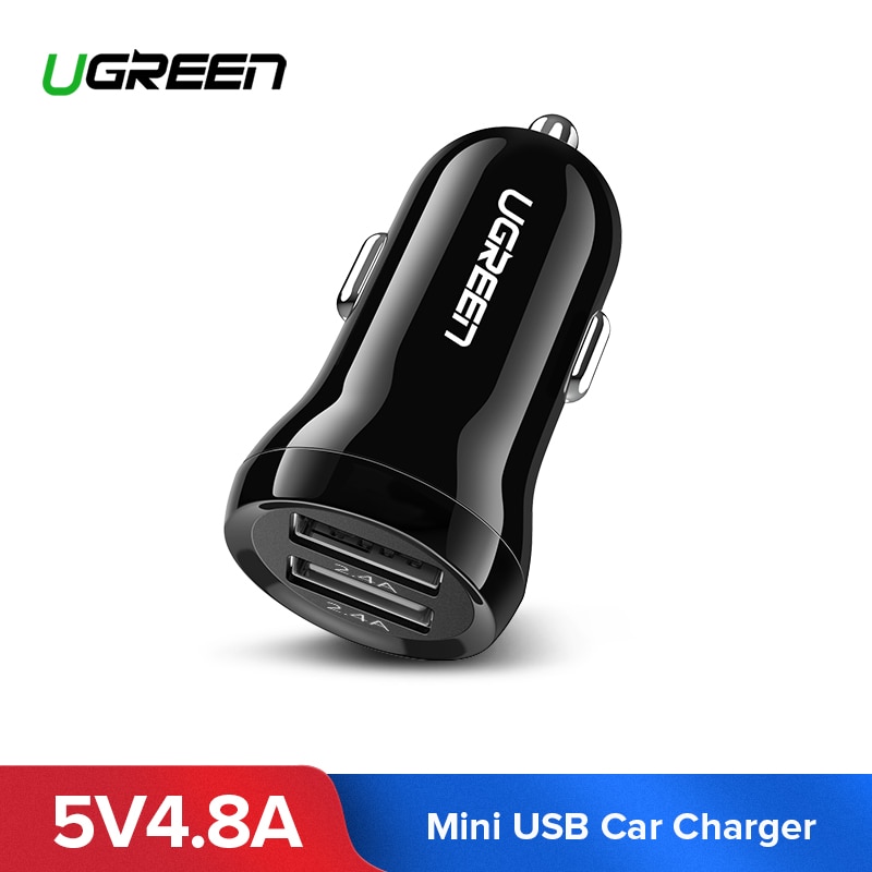 Ugreen 4.8A Dual Usb Car Charger Voor Telefoon Mini Auto Telefoon Oplader Adapter In Auto Auto-accessoires Snelle Opladen Auto-Charger