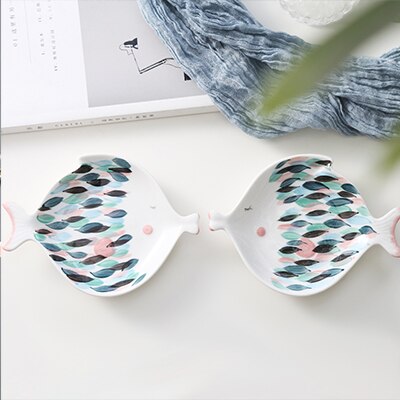 Plato de cena de cerámica con forma de pez besándose, plato de carne, platos de postre, plato de pescado de porcelana, vajilla para niños: 17X12.5cm 2Piece