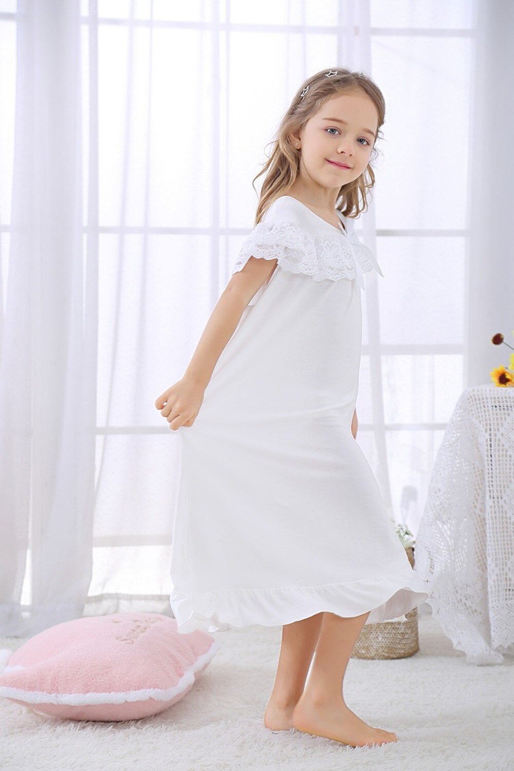 Kesätyttöjen pyjama mekko hihaton modaali prinsessa pitsi yöpaita yöpuvut vapaa-ajan topit tytöille pyjamat vestidos de noche