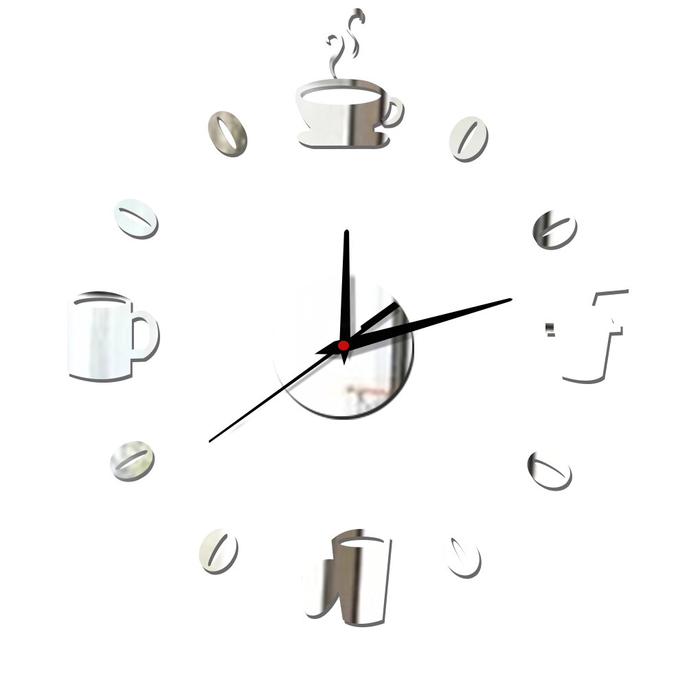 Reloj de pared silencioso para cocina, pegatinas de pared con efecto espejo acrílico, decoración moderna de cuarzo, granos de café, bricolaje: Plata