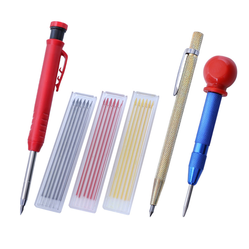Carpenter Pencil Set Solid Woodworking Construction Marker with Center Punch Built-in Sharpener Deep Hole Mechanical Pencil Tool: Set A