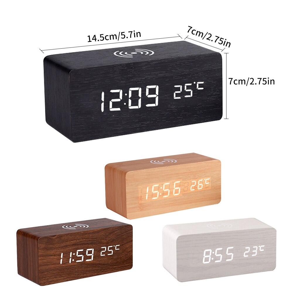 Moderne Houten Hout Digitale Led Desk Wekker Thermometer Draadloze Oplader Met Qi Draadloze Opladen Pad Wekker Led