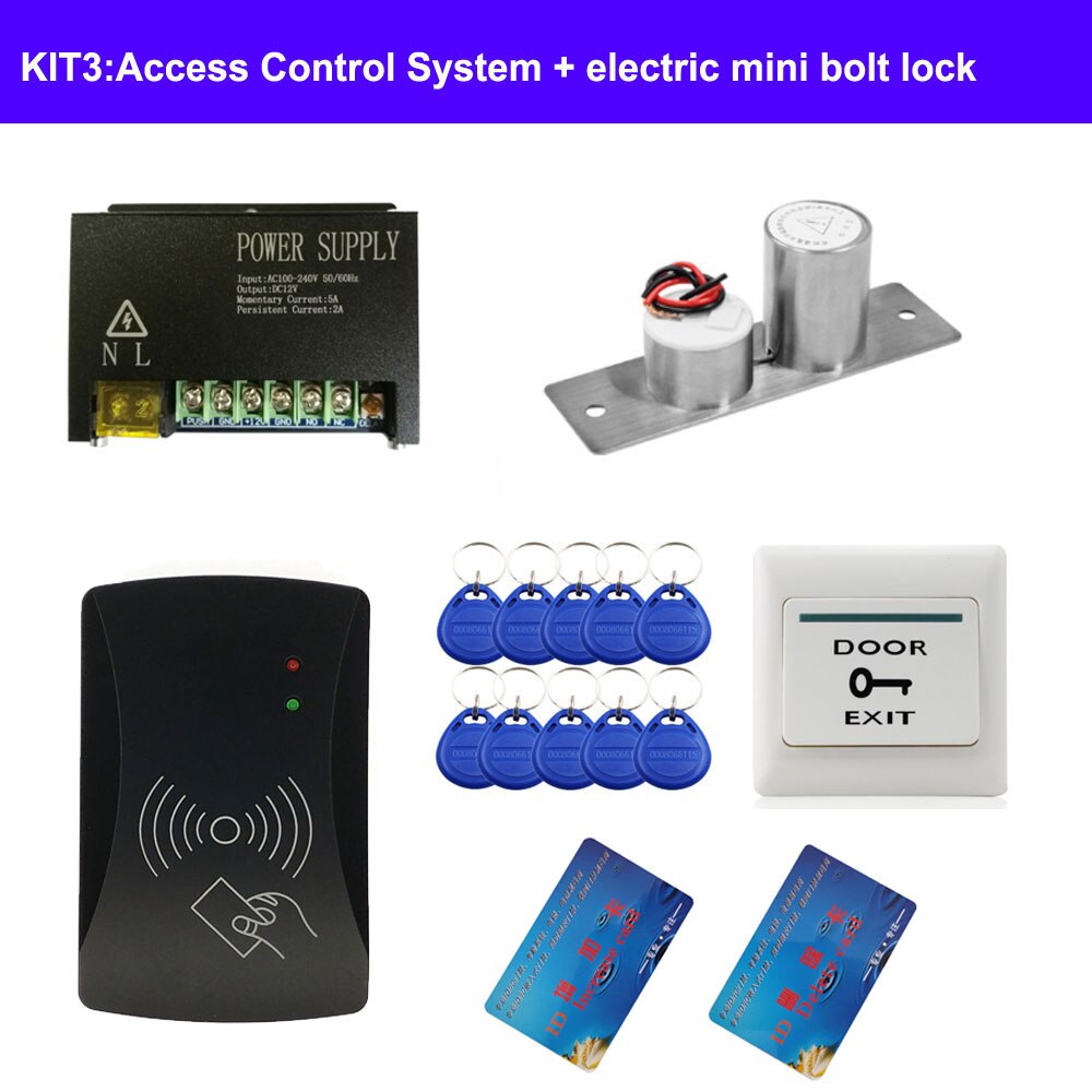 completed door access control system kit power supply+electric lock+exit button+10pcs ID key cards 2000 users IR remote switch: KIT3
