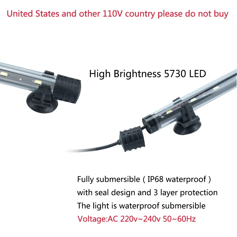 Luz LED impermeable para acuario, lámpara de pecera subacuática, decoración de acuarios, iluminación de plantas de 18-48CM, 220-240V, chip 5050