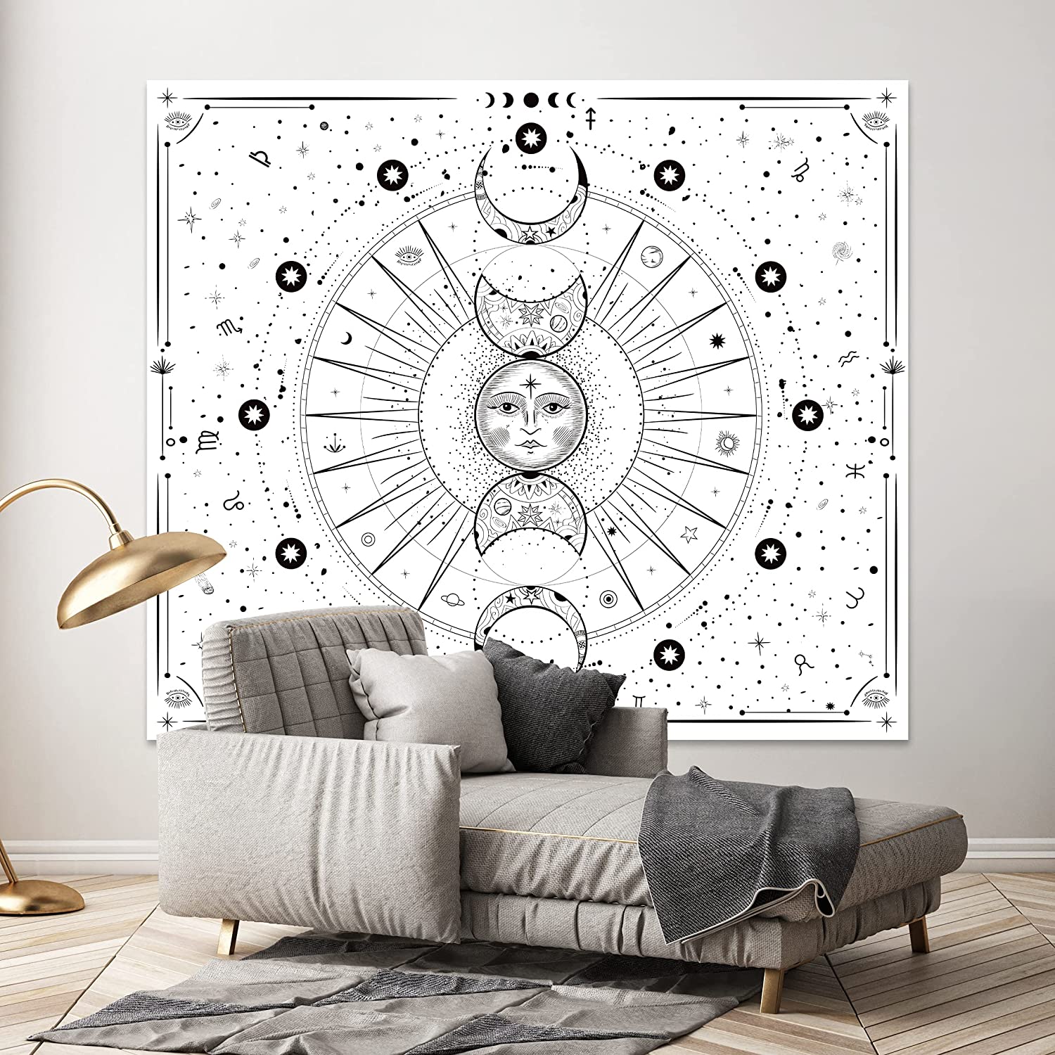 Sun Moon Tapestry Wall Hanging Stars Space Psychedelic Black and White Tapestries Wall Tapestry for Bedroom Aesthetic Home Decor