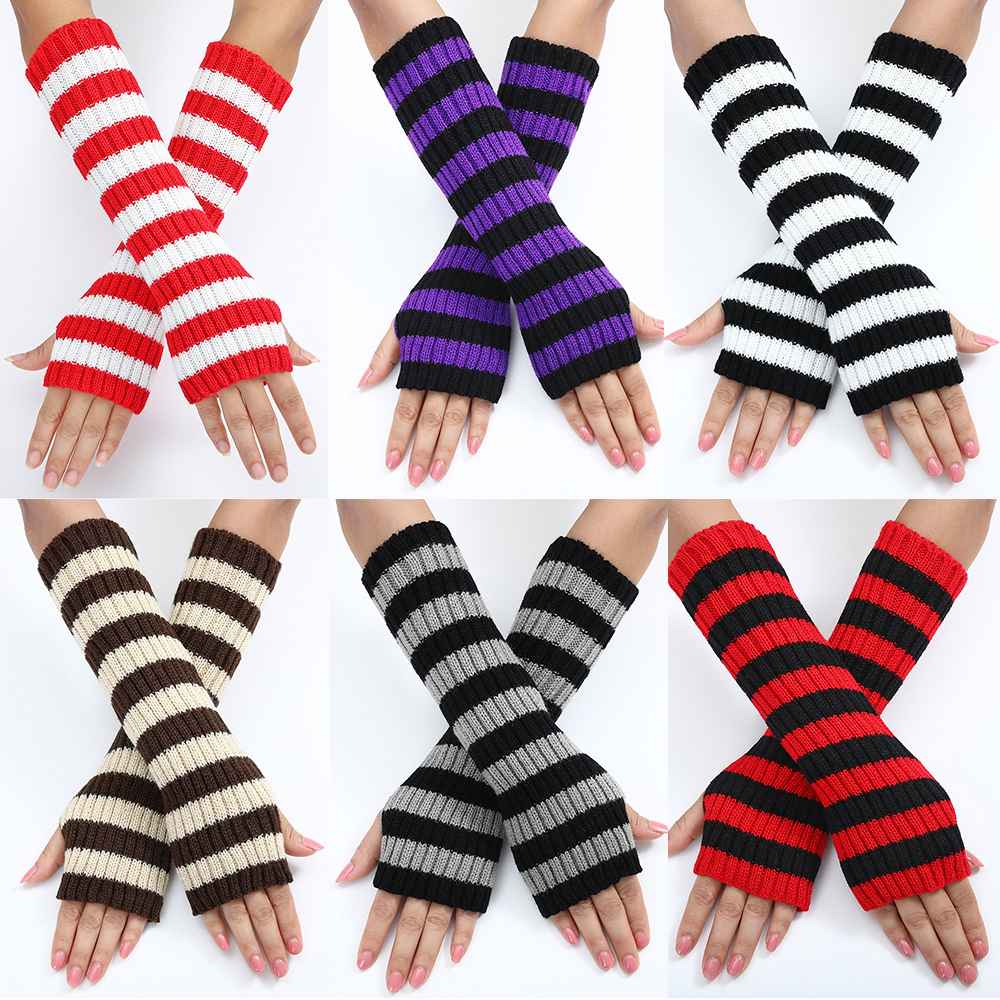 Women's Knitted Fingerless Arm Sleeves Gothic Style Striped Winter Long Arm Warmers Girls Harajuku Y2K Wrist Gloves