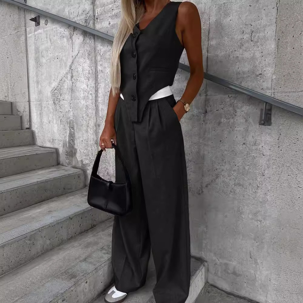 Conjunto de dos piezas para mujer, chaleco a rayas sin mangas, Blazer, Top y pantalones anchos fruncidos, traje de oficina, verano y otoño, 2025: XL / Negro