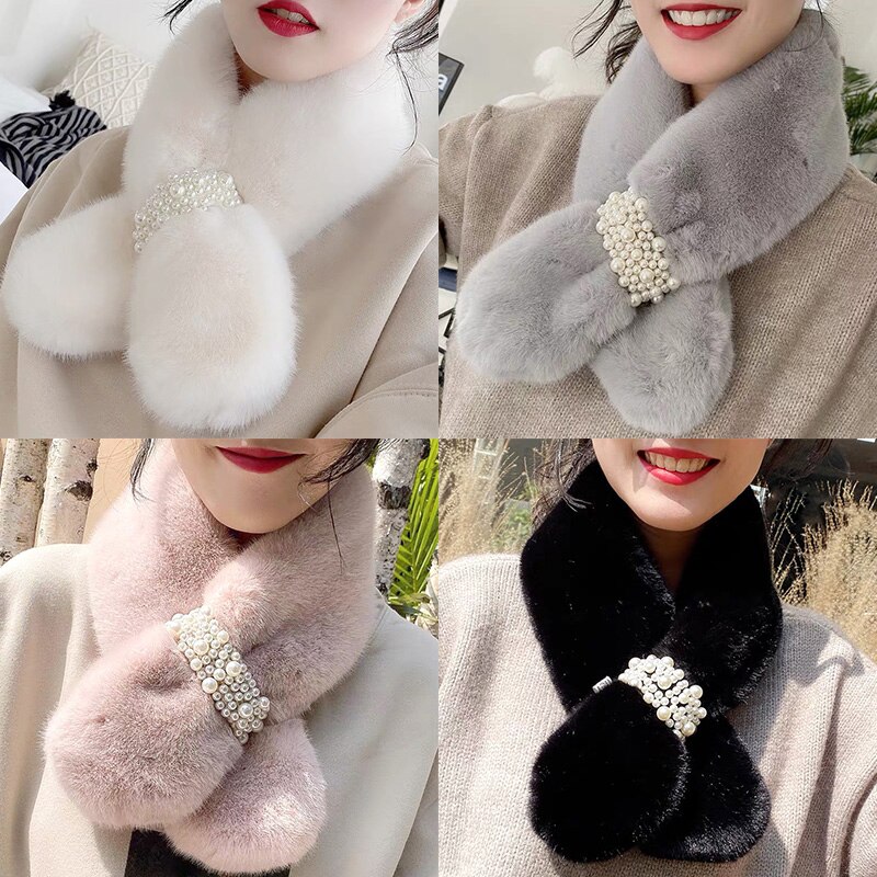 Kvinder vinter tørklæde perle plys bib tørklæder tykkere efterligning kanin pels tørklæde vinter sjal plys hals varmere