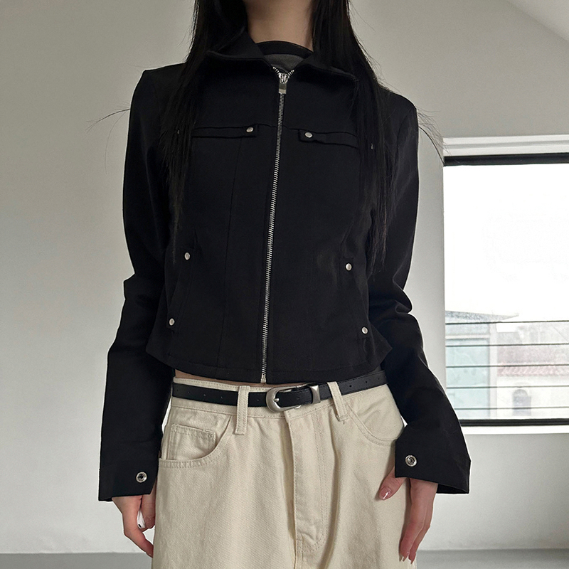 Iamhotty Punk Stijl Rits Jack Zwart Chique Multi-Metalen Knopen Jassen Turn-Down Kraag Cool Vest Herfst Retro Bovenkleding Korea
