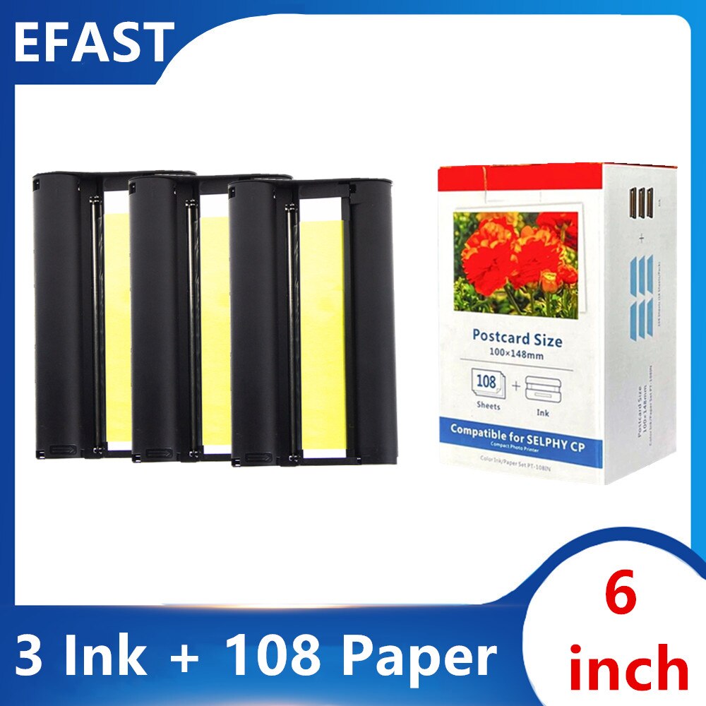 6 Inch Voor Canon Selphy Kleur Inkt Papier Set Foto Printer CP1200 CP1300 CP910 CP900 Inkt Cartridge Kp 108IN KP-36IN