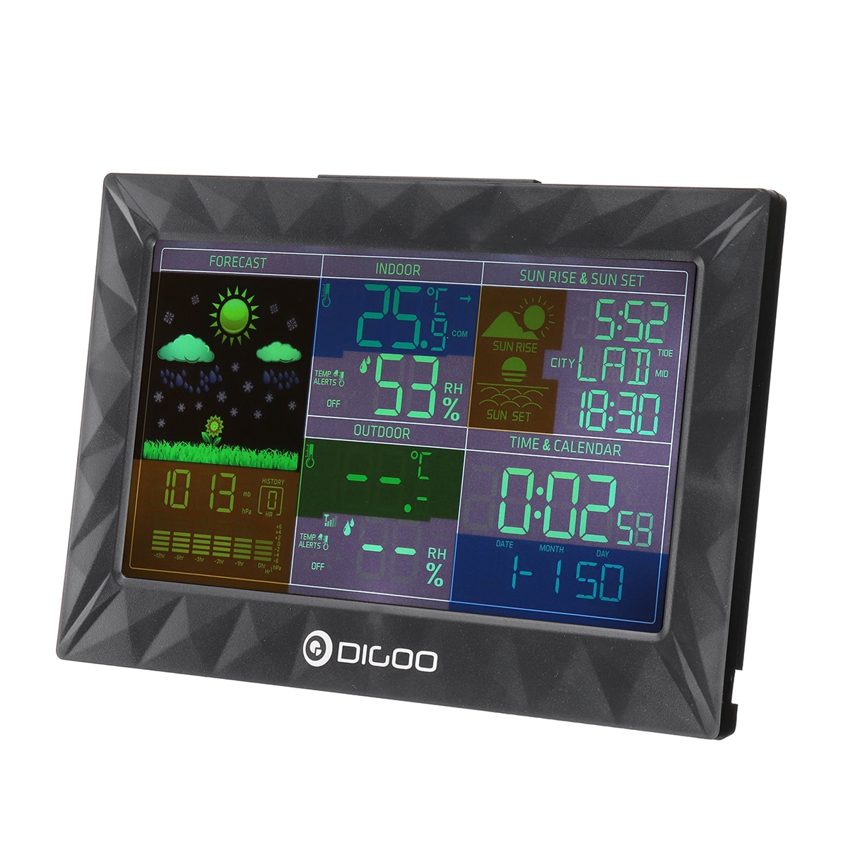 DIGOO DG-TH8988 Station météo lever du soleil coucher du soleil affichage extérieur intérieur thermomètre hygromètre température humidité capteur à distance