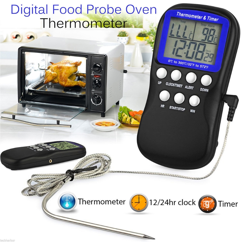LCD Digital Probe Oven Thermometer Kitchen Cooking Timer Clock Food Meat BBQ Thermometer 0-300℃