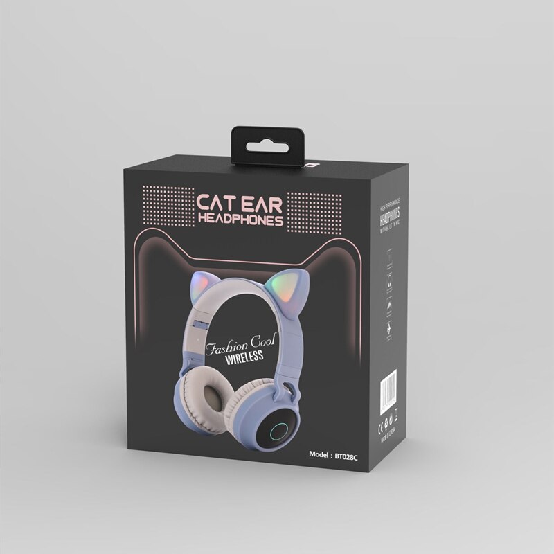 LED Cat Ear Noise Cancelling Headphones Bluetooth 5.0 Young People Kids Headset Support TF Card 3.5mm Plug With Mic: Sky blue with box