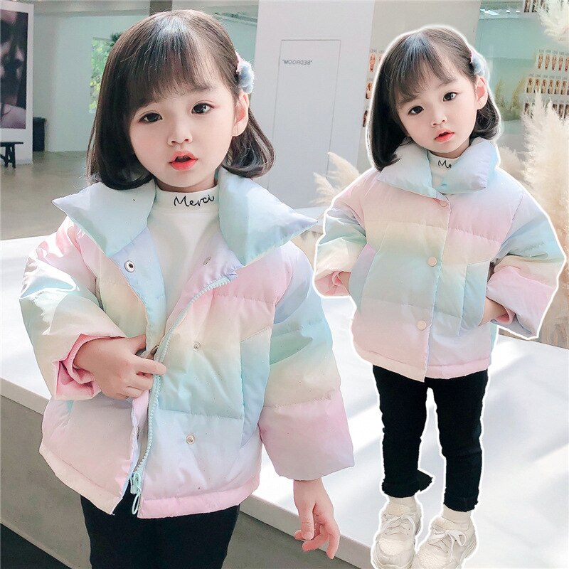 Winter girl's cotton padded coat children's baby rainbow printed cotton padded coat children's high collar coat: 6