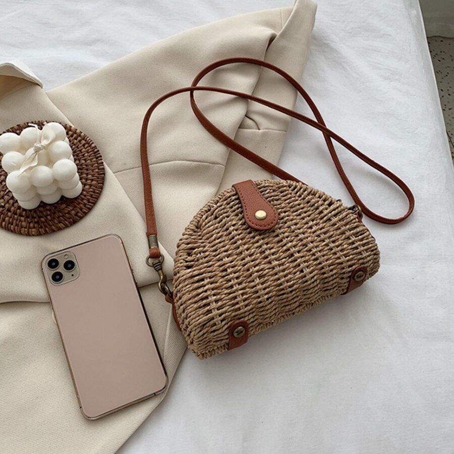 Mini bolsa de paja de verano para mujer, Semicírculo bolso de hombro tejido a mano, informal, cruzado de ratán para playa,