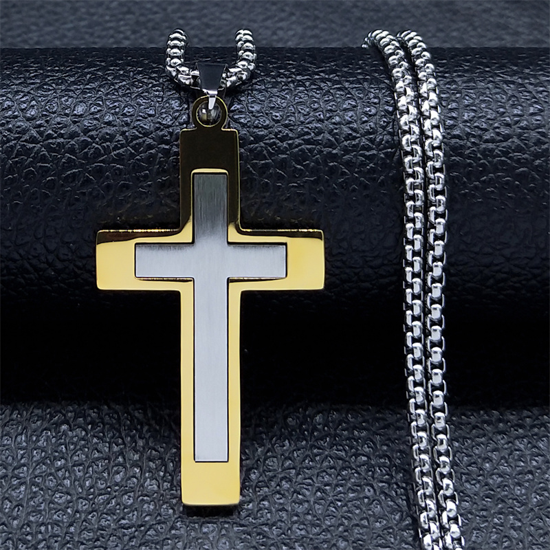Cruz aço inoxidável gargantilha colar para homem cor de ouro masculino corrente colar jóias corrente corrente n1173s02: Imitação de ródio chapeado