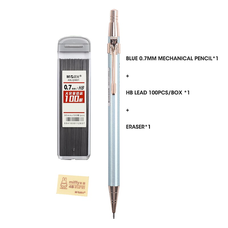 M&amp;G Full Metal Mechanical Pencils Morandi Color 0.5mm HB Lead Refill Student Writing Automatic Pencils Lapiseira School Supplies: 0.7mm 3pcs Blue