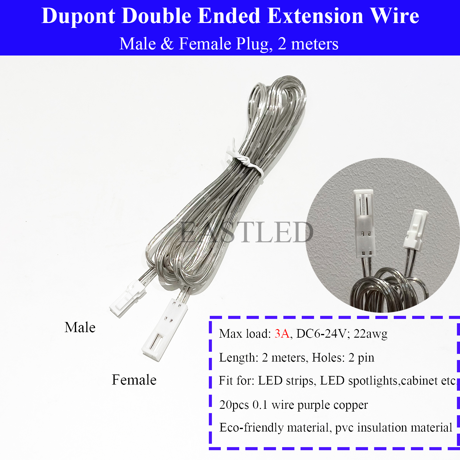 Cable de extensión de luz para armario de cocina, Cable Dupont de 14cm, 30cm y 60cm, enchufe macho a hembra de 2 pines, conectores de luz LED, línea de doble extremo: Gris oscuro