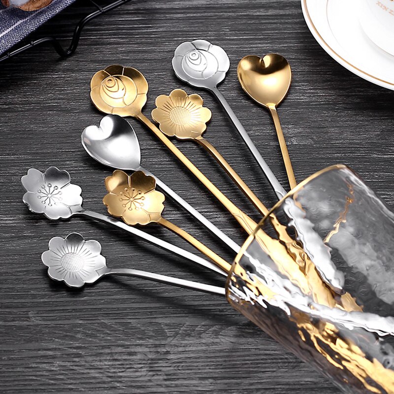 4Pcs Kirschblüten Edelstahl Löffel Vintage Metall Geschnitzte Kaffee Obst Dessert Tee Eis Löffel Küche Besteck