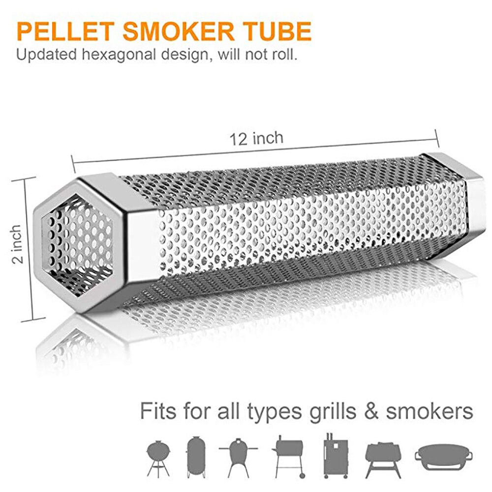 1x hexagon/firkantet bbq rustfrit stål perforeret mesh ryger pille rør rør udendørs madlavning grill grill røg filter
