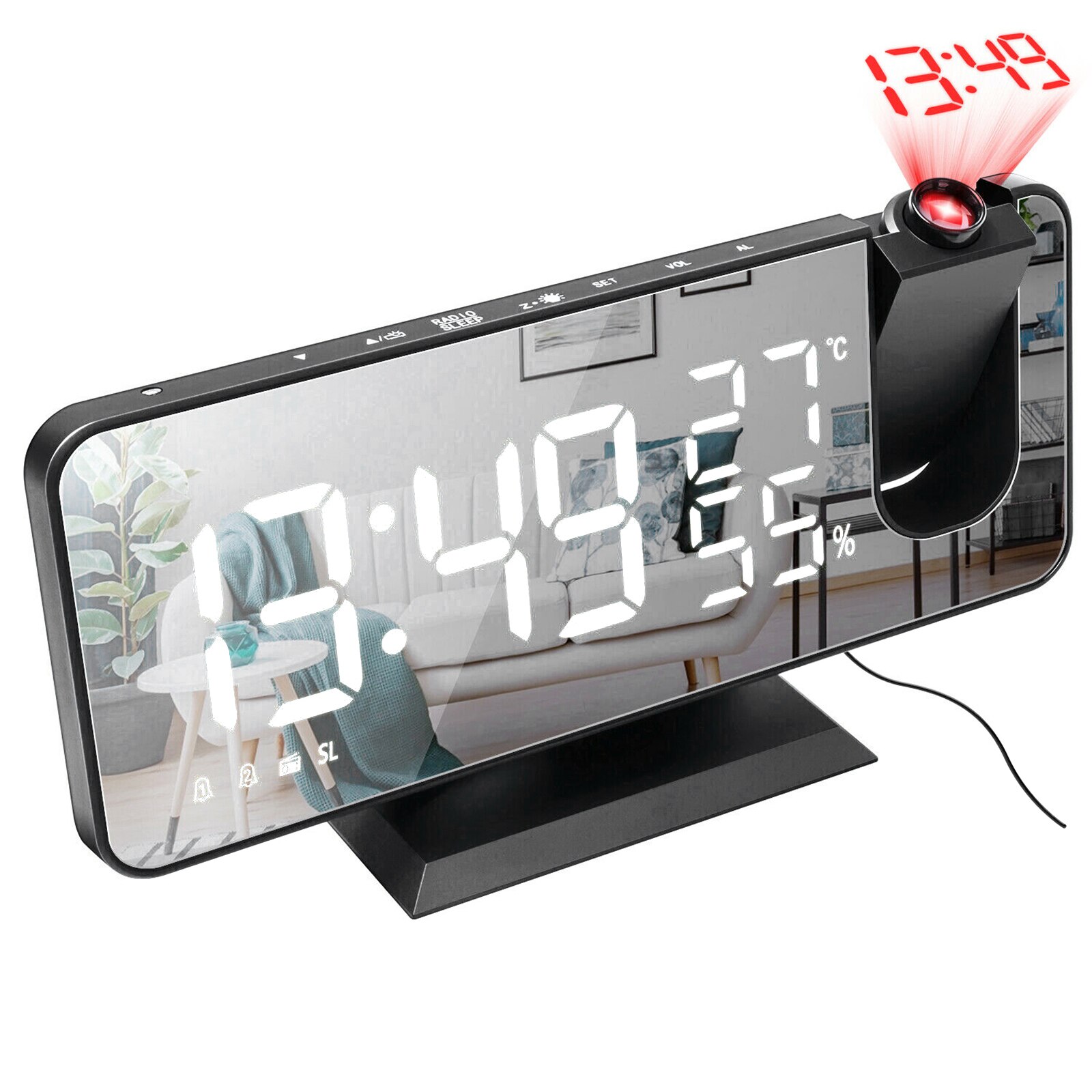 Reloj con alarma Digital LED WXV, reloj con pantalla de temperatura y humedad para proyectar Radio: Black