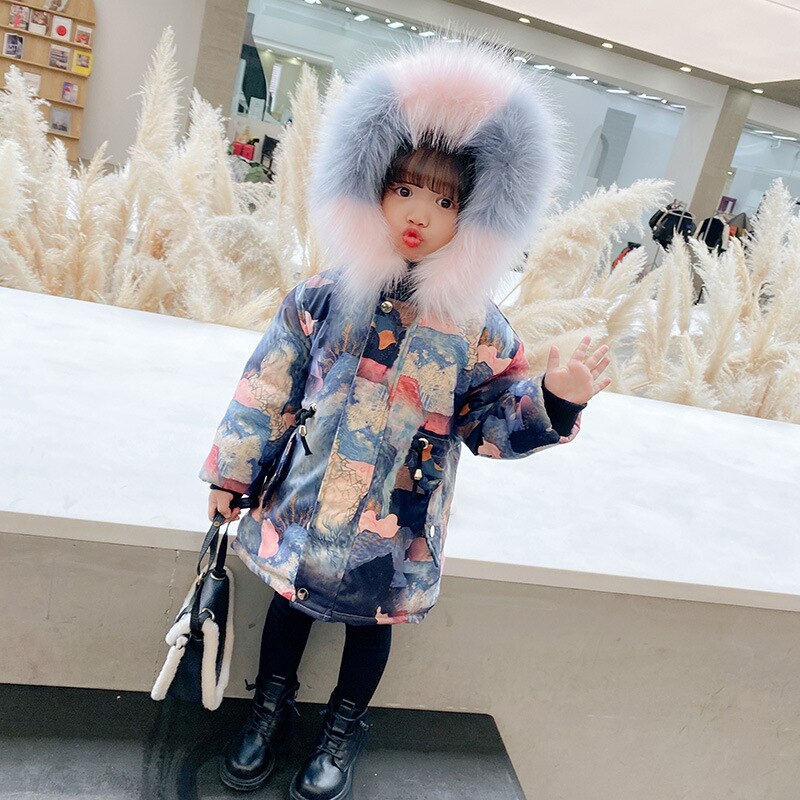 Babymeisjesjas herfst en winter meisjesjas graffiti #39 warme capuchonjas western stijl plus fluwelen kinderbedje: Grijs / 2t