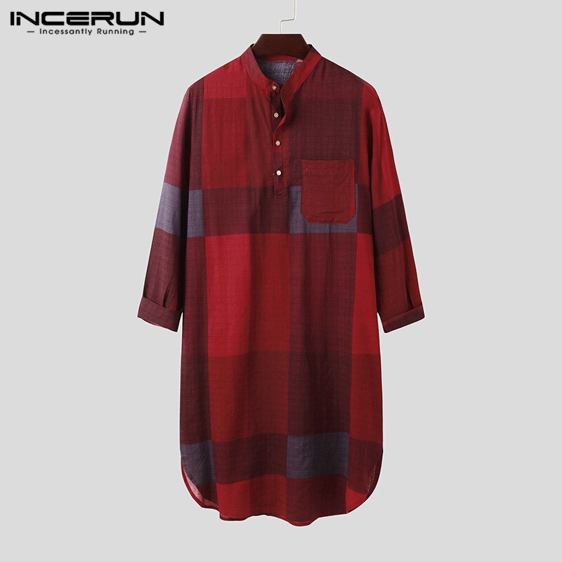 Incerun Moslim Mannen Islamitische Kaftan Lange Mouwen Stand Kraag Katoen Plaid Vintage Casual Robes Streetwear Caftan Mannen Jubba Thobe